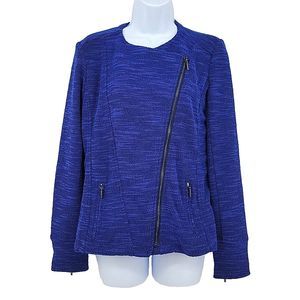 H by Halston Womens Tweed Jacket Size 6 Blue Zippers Asymmetrical Stretchy‎